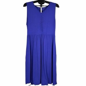 Womens XL Blue Ruched V Neck Empire Waist Sleeveless Pocket Midi Dress
